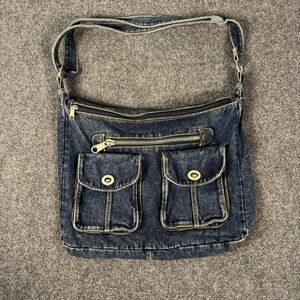 Vintage Y2K Denim Cargo Shoulder Bag Multi Pocket Crossbody Blue Jean Purse 90s